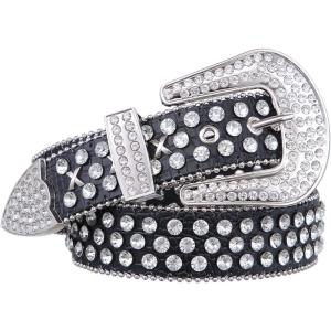FIORETTO Men Women Rhinestone Belt Bling Western Studded Leather Belt Shining Diamond Cowgirl Cowboy Waist Belt for Jeans(06 Studded-black)