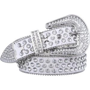 FIORETTO Men Women Rhinestone Belt Bling Western Studded Leather Belt Shining Diamond Cowgirl Cowboy Waist Belt for Jeans(06 Studded-white)