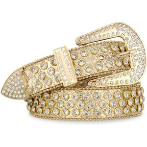 FIORETTO Men Women Rhinestone Belt Bling Western Studded Leather Belt Shining Diamond Cowgirl Cowboy Waist Belt for Jeans(07 Shine-all Gold)