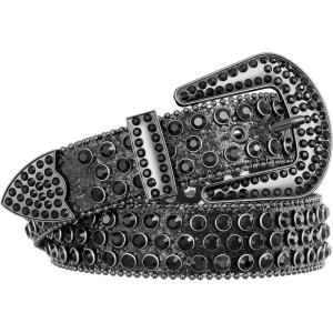 FIORETTO Men Women Rhinestone Belt Bling Western Studded Leather Belt Shining Diamond Cowgirl Cowboy Waist Belt for Jeans(07 Shine-black)