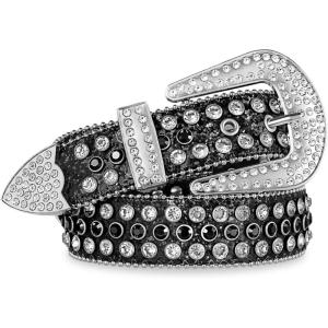 FIORETTO Men Women Rhinestone Belt Bling Western Studded Leather Belt Shining Diamond Cowgirl Cowboy Waist Belt for Jeans(07 Shine-black&silver)