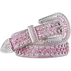 FIORETTO Men Women Rhinestone Belt Bling Western Studded Leather Belt Shining Diamond Cowgirl Cowboy Waist Belt for Jeans(07 Shine-pink)