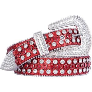 FIORETTO Men Women Rhinestone Belt Bling Western Studded Leather Belt Shining Diamond Cowgirl Cowboy Waist Belt for Jeans(07 Shine-red)