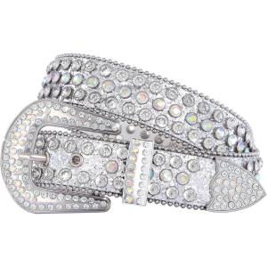 FIORETTO Men Women Rhinestone Belt Bling Western Studded Leather Belt Shining Diamond Cowgirl Cowboy Waist Belt for Jeans(07 Shine-silver)