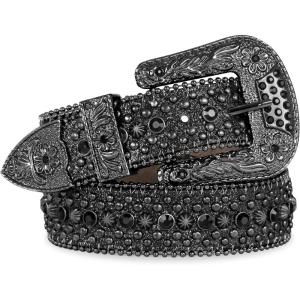 FIORETTO Men Women Rhinestone Belt Bling Western Studded Leather Belt Shining Diamond Waist Belt for Cowgirl Cowboy Jeans(05 Shine-full Black)