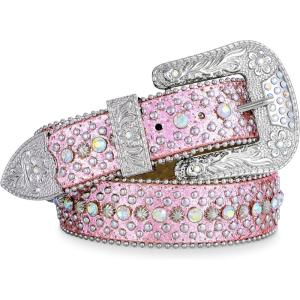 FIORETTO Men Women Rhinestone Belt Bling Western Studded Leather Belt Shining Diamond Waist Belt for Cowgirl Cowboy Jeans(05 Shine-pink)