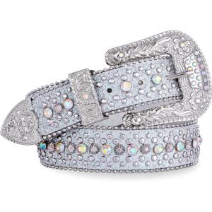 FIORETTO Men Women Rhinestone Belt Bling Western Studded Leather Belt Shining Diamond Waist Belt for Cowgirl Cowboy Jeans(05 Shine-silver)