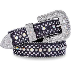 FIORETTO Men Women Rhinestone Belt Bling Western Studded Leather Belt Shining Diamond Waist Belt for Cowgirl Cowboy Jeans(Black(purple Glitter Includes))