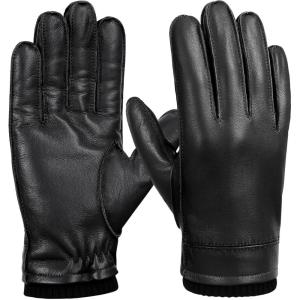 FIORETTO Men’s Chrome free Leather Driving Gloves Touchscreen Warm Cashmere Wool Lined Sheepskin Winter Gloves M24002(Black)