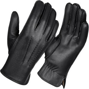 FIORETTO Men’s Chrome-Free Leather Gloves Winter – Touchscreen Driving Gloves with Warm Wool Lining M24001(Black)
