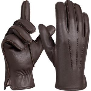 FIORETTO Men’s Chrome-Free Leather Gloves Winter – Touchscreen Driving Gloves with Warm Wool Lining M24001(Brown 7n)
