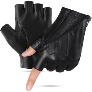 FIORETTO Mens Fingerless Leather Driving Gloves – Genuine Sheepskin Half Finger Motorcycle Gloves, Unlined 16515(All Black)