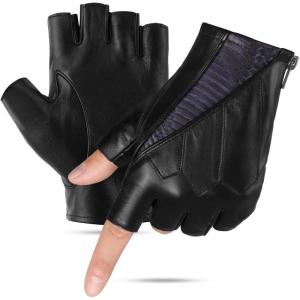 FIORETTO Mens Fingerless Leather Driving Gloves – Genuine Sheepskin Half Finger Motorcycle Gloves, Unlined 16515(Black-blue)