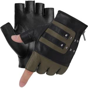 FIORETTO Mens Genuine Leather Fingerless Gloves Unlined Half Finger Punk Gloves for Driving Cycling Motorcycle M200801(Armygreen)