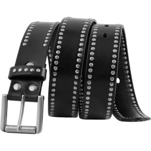 FIORETTO Mens Studded Genuine Leather Belts For Jeans Punk y2k Goth Vintage Retro Circle Rivets Belt With Buckle Black/Brown(Black)