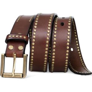 FIORETTO Mens Studded Genuine Leather Belts For Jeans Punk y2k Goth Vintage Retro Circle Rivets Belt With Buckle Black/Brown(Brown)