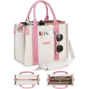 FIORETTO Women’s Canvas Tote Bag Purse with Zipper, Multi Compartment & Reinforced Bottom, Ideal for Work, Bible, Travel(Beige & Pink)