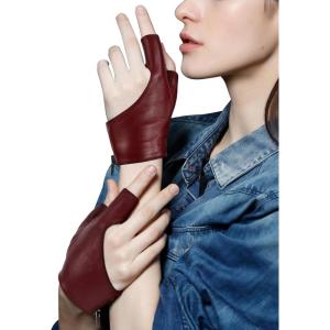 FIORETTO Womens Fingerless Leather Gloves Unlined Leather Driving Gloves Dancing Performance Punk Half Finger Gloves 160005(Burgundy)