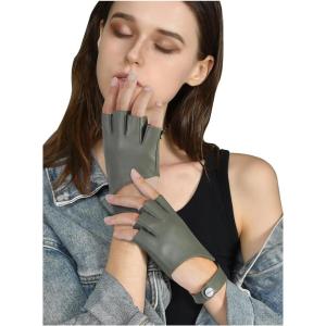 FIORETTO Womens Fingerless Leather Gloves for Driving Motorcycle Unlined Half Finger Gloves 200420(Green)