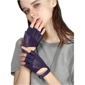 FIORETTO Womens Fingerless Leather Gloves for Driving Motorcycle Unlined Half Finger Gloves 200420(Purple)