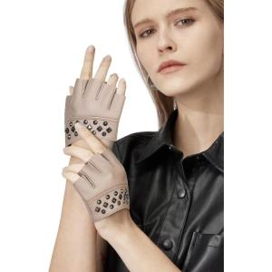 FIORETTO Womens Fingerless Leather Gloves for Driving Unlined Half Finger Punk Gloves 180413(Beige)