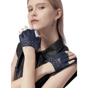 FIORETTO Womens Fingerless Leather Gloves for Driving Unlined Half Finger Punk Gloves 180413(Navy Blue)
