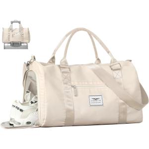 FIORETTO Womens Gym Tote Duffle Bag with Toiletry Bag, Sports Duffel Overnight Hospital Workout Carry on Bag for Girls with Wet Pocket & Shoe Compartment, Ideal for Travel, Swimming, Dance Purple(Beige)
