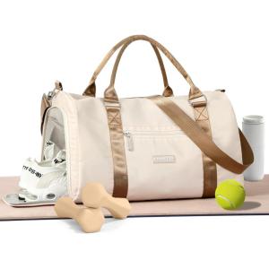 FIORETTO Womens Gym Tote Duffle Bag with Toiletry Bag, Sports Duffel Overnight Hospital Workout Carry on Bag for Girls with Wet Pocket & Shoe Compartment, Ideal for Travel, Swimming, Dance Purple(Beige & Brown)