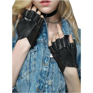 FIORETTO Womens Punk Fingerless Leather Gloves for Driving Motorcycle Unlined Half Finger Sheepskin W180416(Black.)