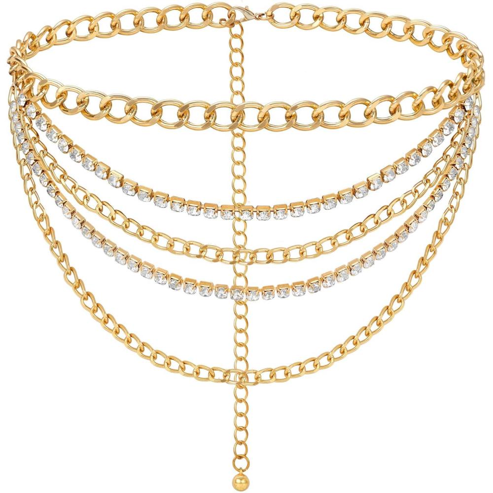 image:imageFIORETTO Chain Belt for Women Metal Waist Chain Fashion Multilayer Chain Belts for DressMultirhinestonegold