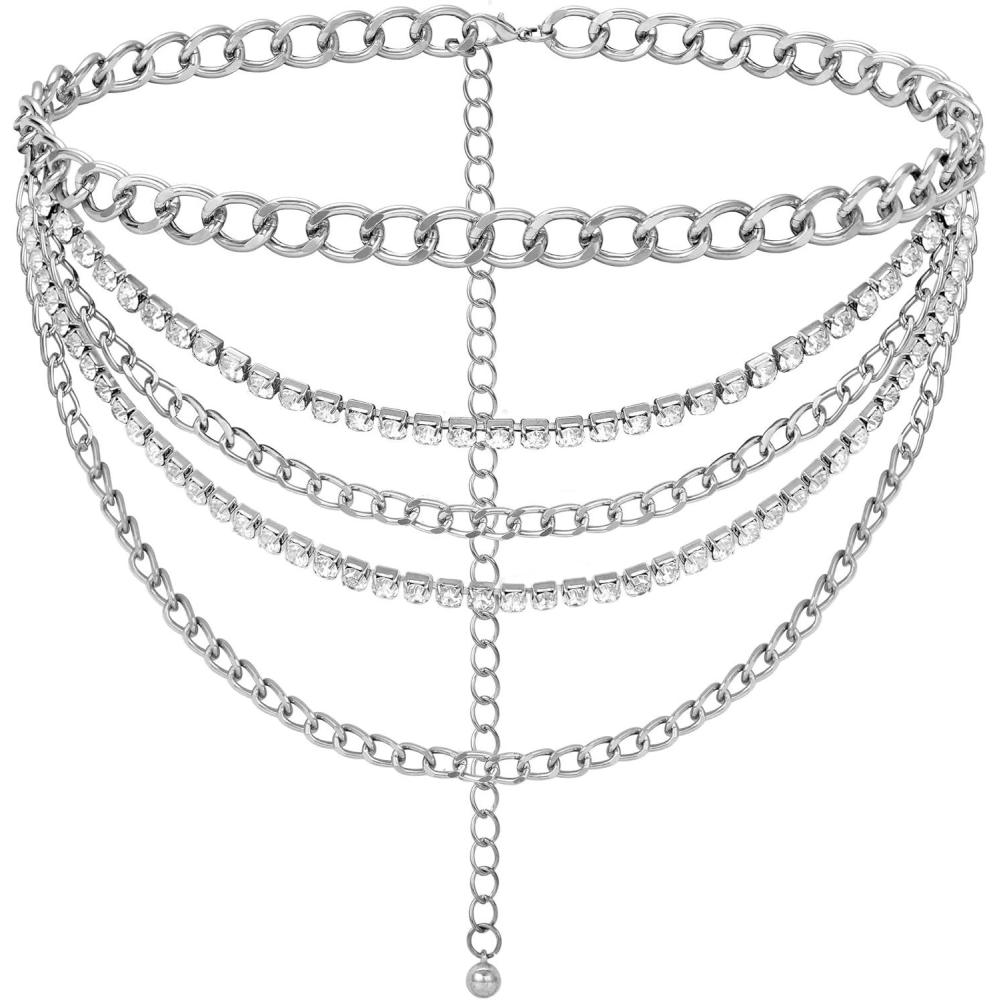 image:imageFIORETTO Chain Belt for Women Metal Waist Chain Fashion Multilayer Chain Belts for DressMultirhinestonesilver