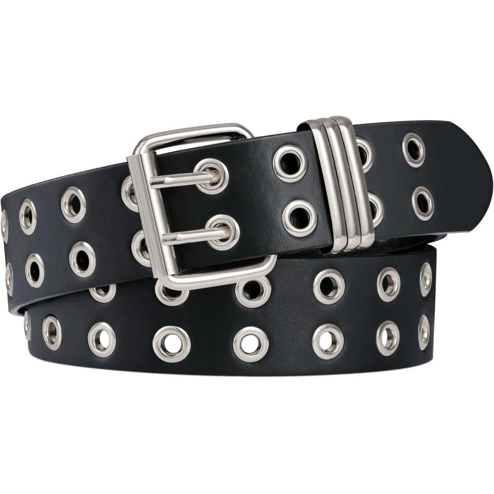 image:imageFIORETTO Grommet Leather Belt with Detachable Chain Women Men Punk Rock Waist Belts for Jeans PantsDouble Silvergrommetno Chain