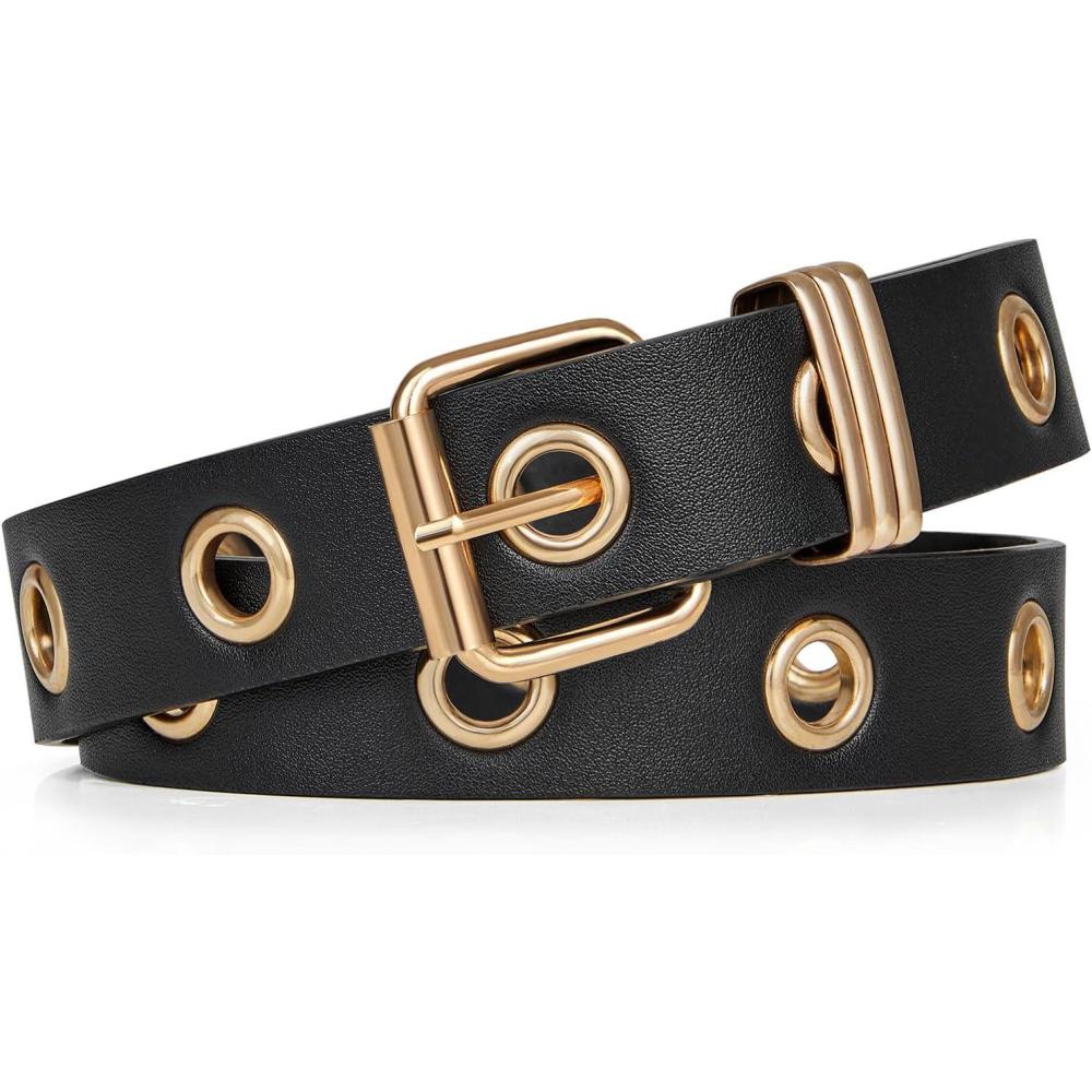 image:imageFIORETTO Grommet Leather Belt with Detachable Chain Women Men Punk Rock Waist Belts for Jeans PantsSingle Goldgrommet No Chain
