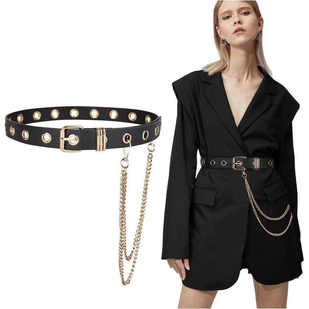 image:imageFIORETTO Grommet Leather Belt with Detachable Chain Women Men Punk Rock Waist Belts for Jeans PantsSingle Grommetwith Gold Chain