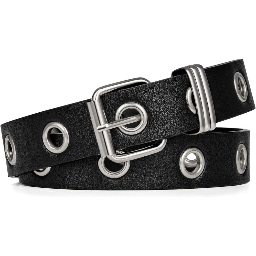 image:imageFIORETTO Grommet Leather Belt with Detachable Chain Women Men Punk Rock Waist Belts for Jeans PantsSingle Silvergrommet No Chain