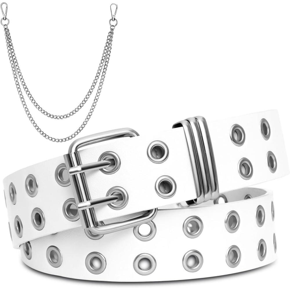 image:imageFIORETTO Grommet Leather Belt with Detachable Chain Women Men Punk Rock Waist Belts for Jeans PantsWhite Double Grommetwith Silver Chain