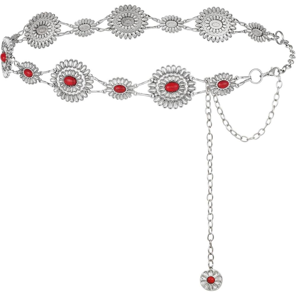 image:imageFIORETTO Metal Waist Chain Link Belt for Women Western Cowgirl Boho Turquoise Belts for Dress Jeans Country Concert OutfitRedsilver23