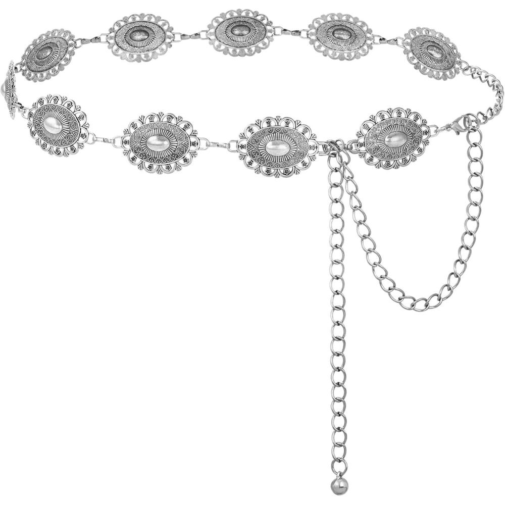 image:imageFIORETTO Metal Waist Chain Link Belt for Women Western Cowgirl Boho Turquoise Belts for Dress Jeans Country Concert OutfitSilver24