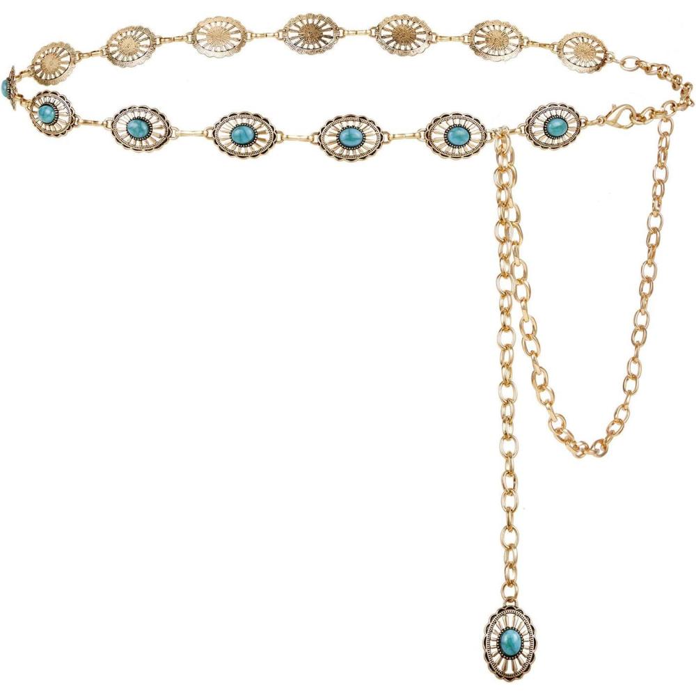 image:imageFIORETTO Metal Waist Chain Link Belt for Women Western Cowgirl Boho Turquoise Belts for Dress Jeans Country Concert OutfitTurquoisegold17