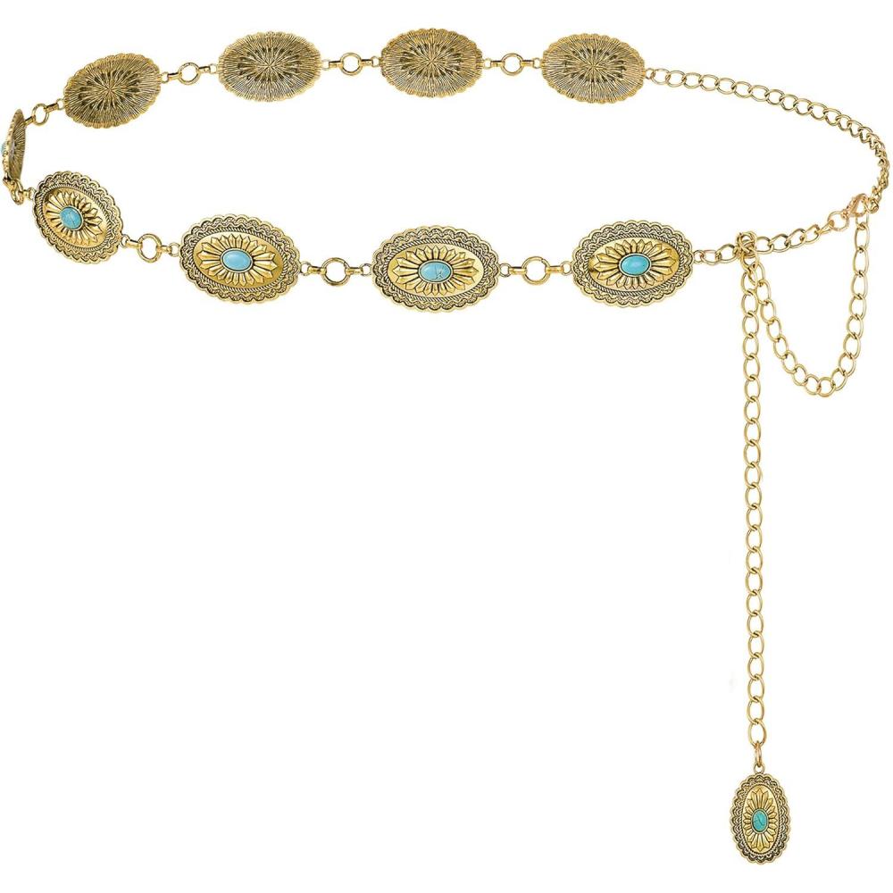 image:imageFIORETTO Metal Waist Chain Link Belt for Women Western Cowgirl Boho Turquoise Belts for Dress Jeans Country Concert OutfitTurquoisegold92