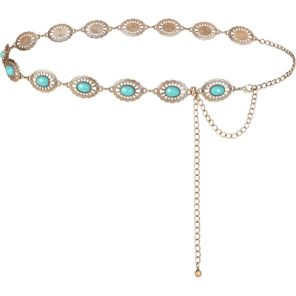 image:imageFIORETTO Metal Waist Chain Link Belt for Women Western Cowgirl Boho Turquoise Belts for Dress Jeans Country Concert OutfitTurquoisegold93