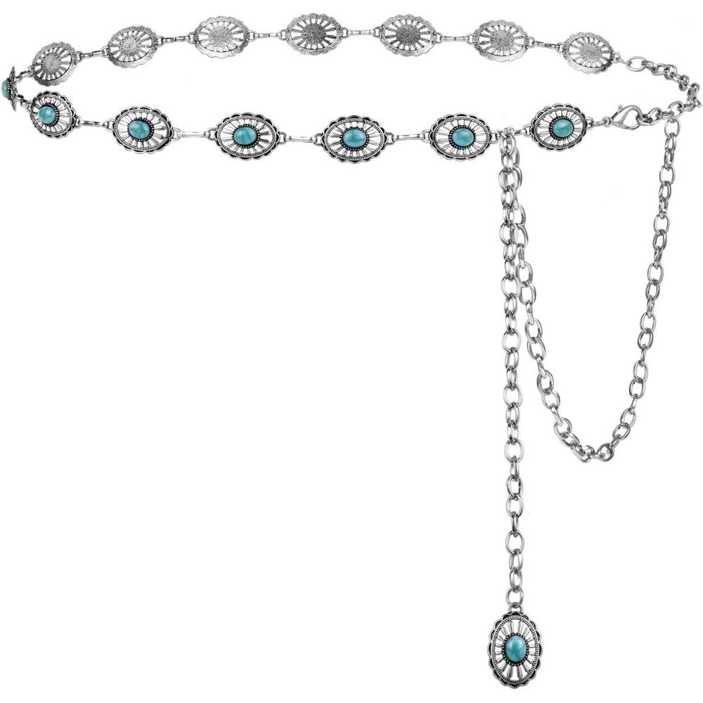 image:imageFIORETTO Metal Waist Chain Link Belt for Women Western Cowgirl Boho Turquoise Belts for Dress Jeans Country Concert OutfitTurquoisesilver17