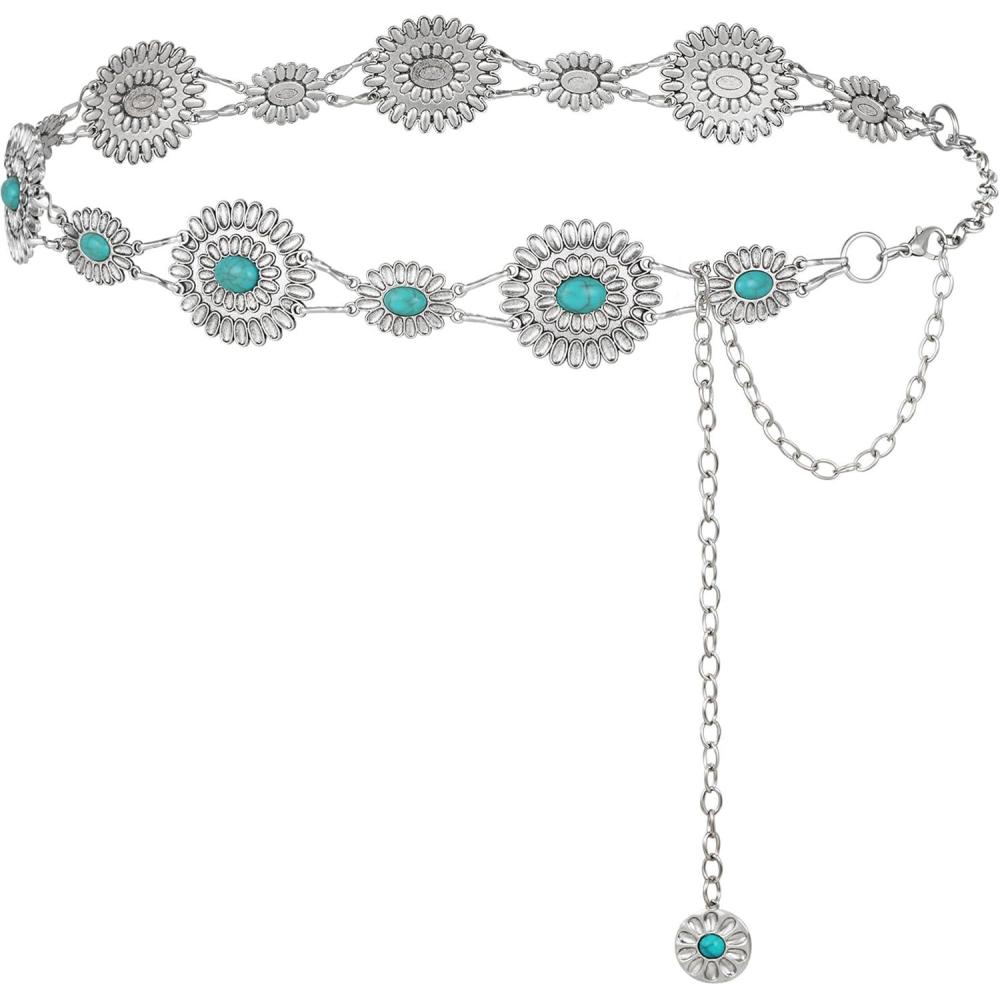 image:imageFIORETTO Metal Waist Chain Link Belt for Women Western Cowgirl Boho Turquoise Belts for Dress Jeans Country Concert OutfitTurquoisesilver23