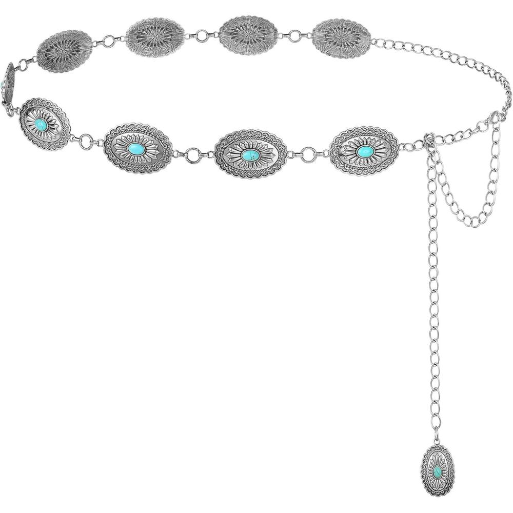 image:imageFIORETTO Metal Waist Chain Link Belt for Women Western Cowgirl Boho Turquoise Belts for Dress Jeans Country Concert OutfitTurquoisesilver92