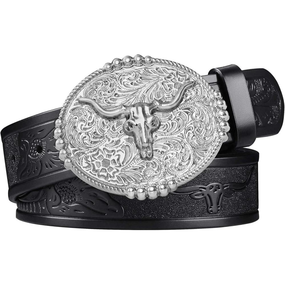 image:imageFIORETTO Western Cowboy Belts for Men Women Cowgirl Leather Belt Big Buckle Bull Belt for JeansBlack  Bright Silver Buckle
