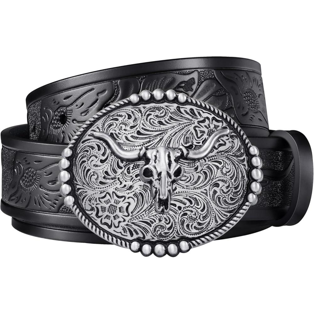 image:imageFIORETTO Western Cowboy Belts for Men Women Cowgirl Leather Belt Big Buckle Bull Belt for JeansBlack  Silver Buckle