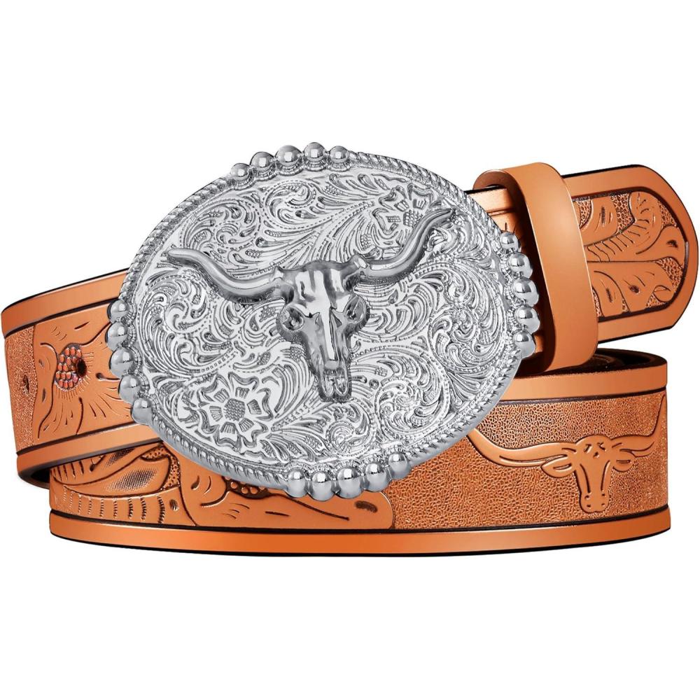 image:imageFIORETTO Western Cowboy Belts for Men Women Cowgirl Leather Belt Big Buckle Bull Belt for JeansBrown  Bright Silver Buckle