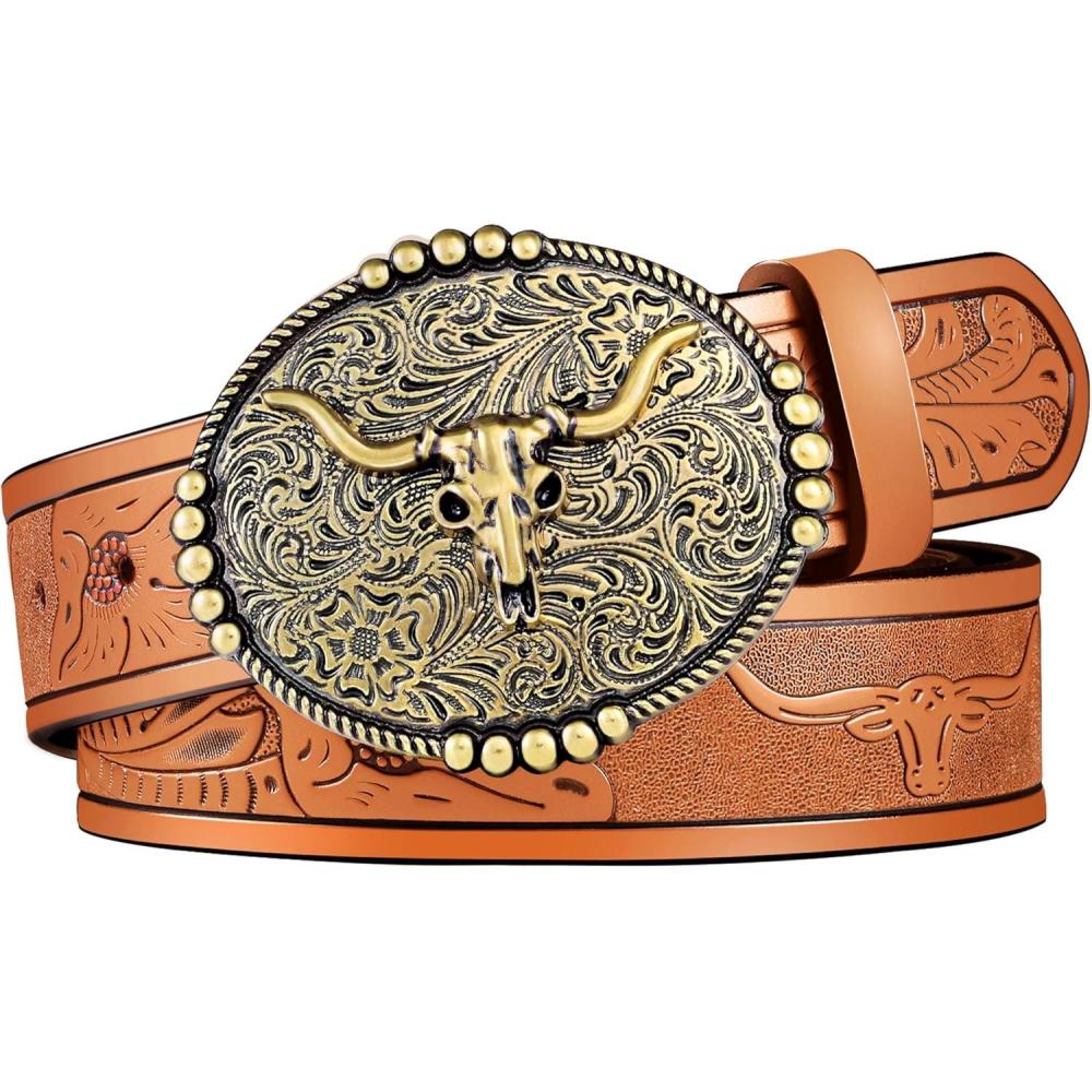 image:imageFIORETTO Western Cowboy Belts for Men Women Cowgirl Leather Belt Big Buckle Bull Belt for JeansBrown  Gold Buckle