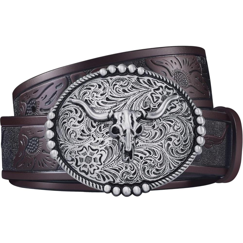 image:imageFIORETTO Western Cowboy Belts for Men Women Cowgirl Leather Belt Big Buckle Bull Belt for JeansCoffee  Silver Buckle