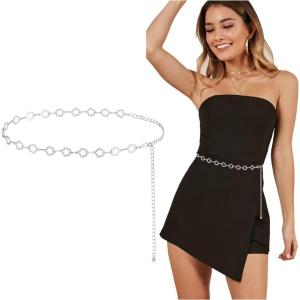 FIORETTO Chain Belt for Women Metal Waist Chain Fashion Multilayer Chain Belts for Dress(Flower-silver)